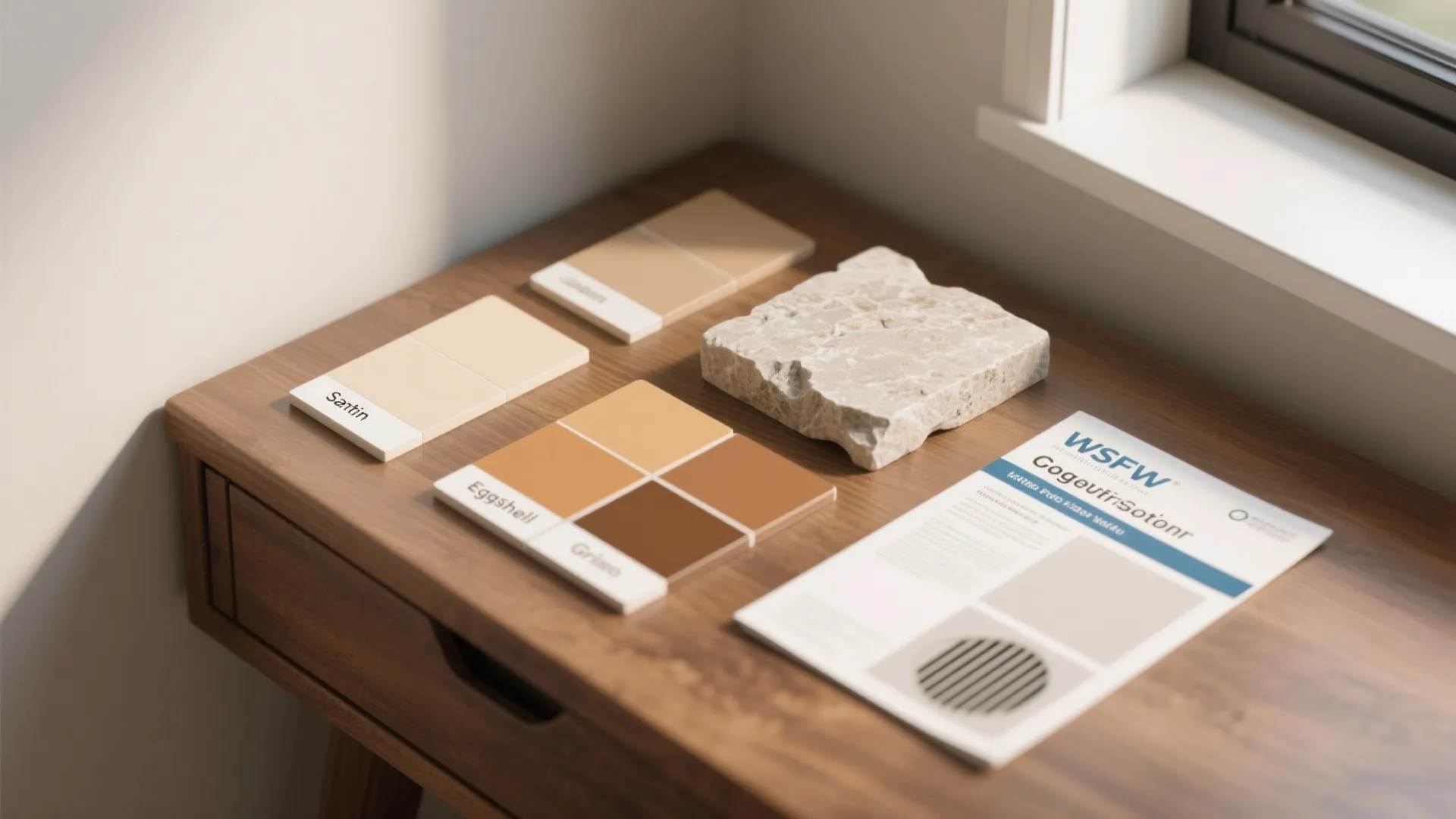 Tan color swatches and stone sample on a wooden desk near a bright room window area