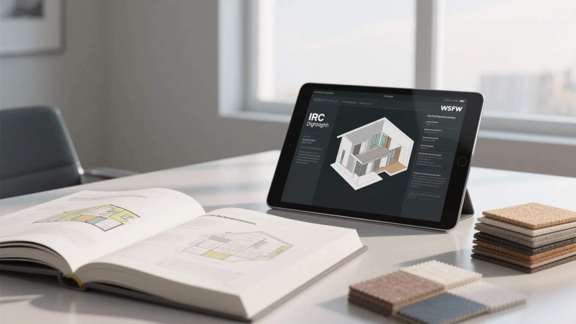 Tablet showing interior design drawing on desk with open book and various small fabric samples