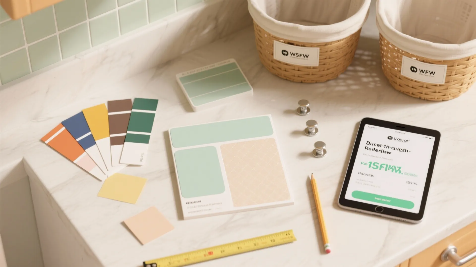 Interior design mood board with color samples tablet pencil ruler and baskets on marble table