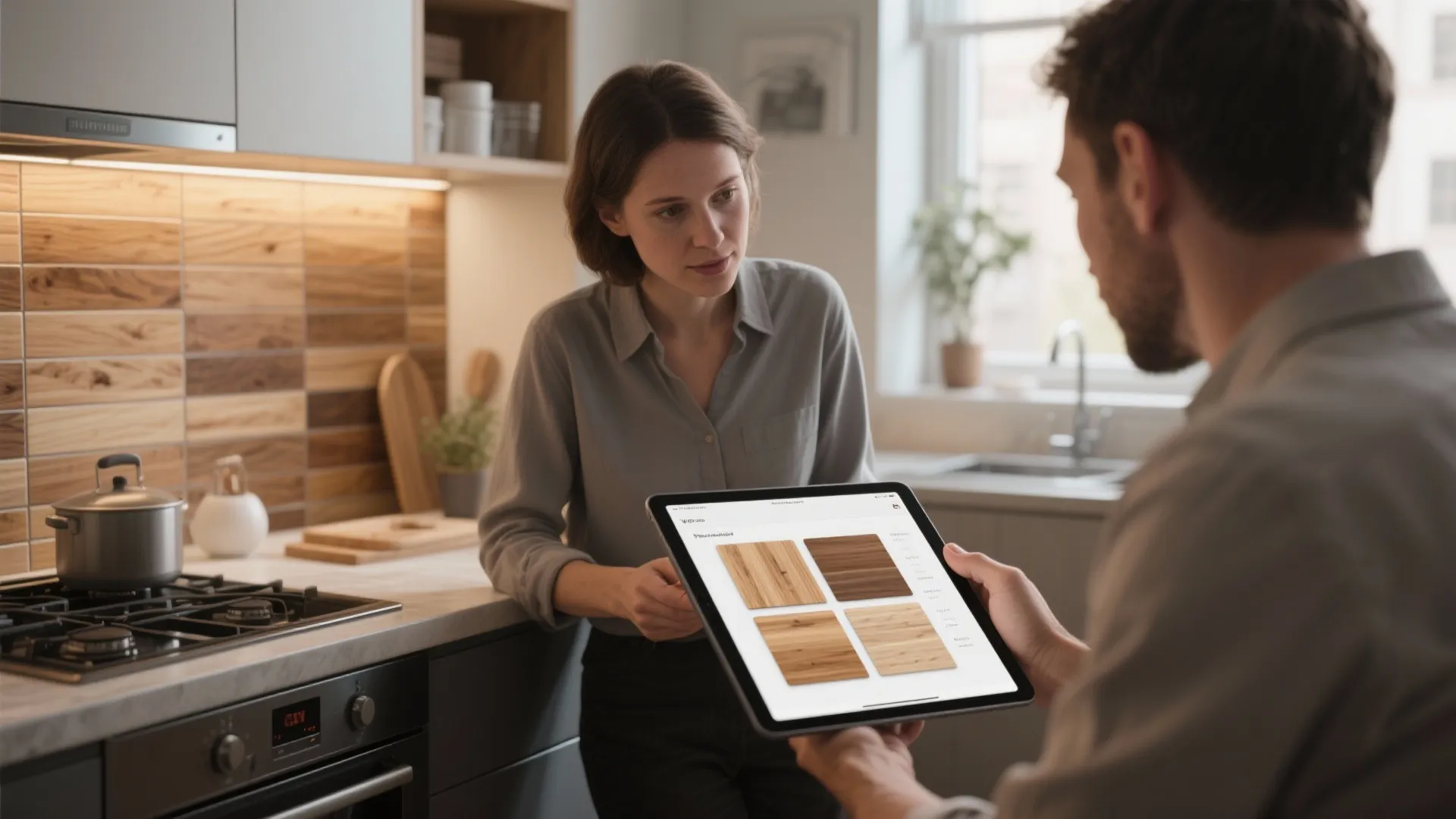 Designer and client reviewing a photorealistic 3D render of wood backsplash options on a tablet in a small kitchen.
