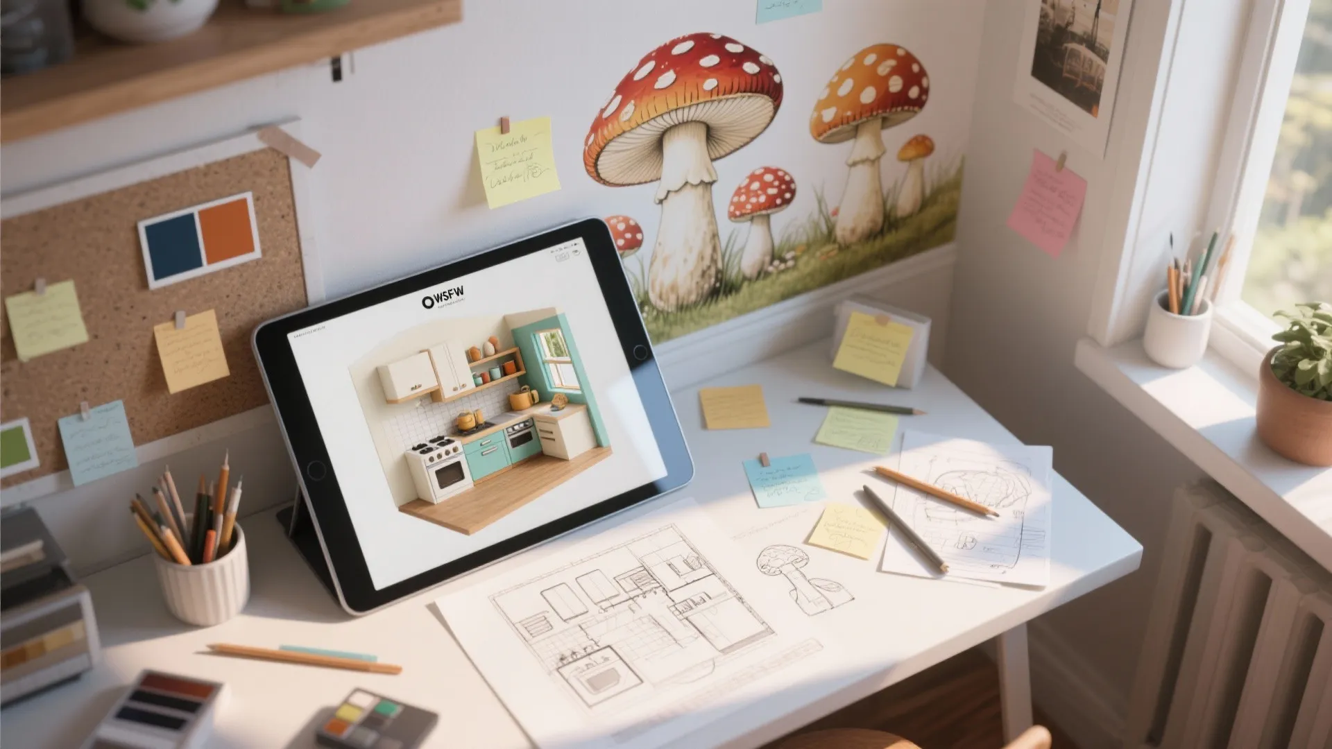 Tablet displaying a kitchen interior design drawing on workspace with paper floor plans and pencils