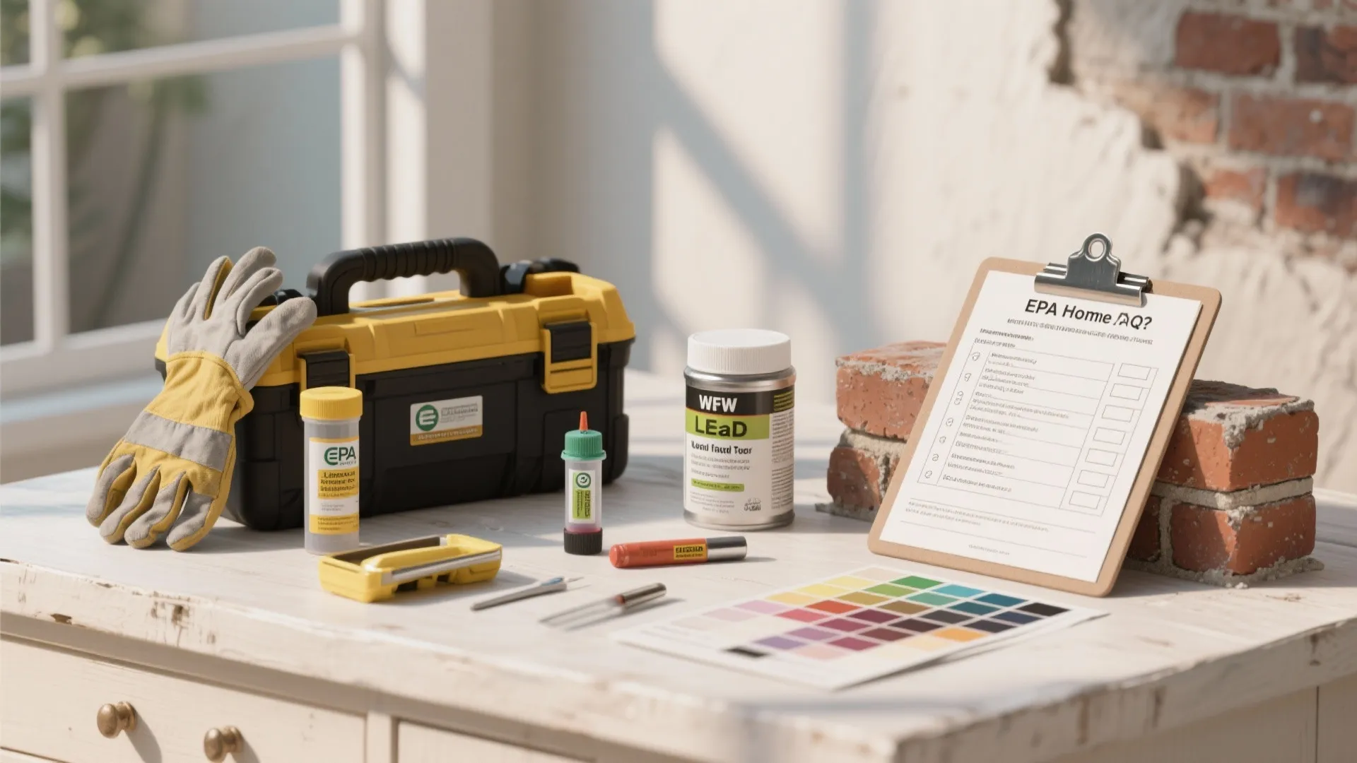 Home renovation tool kit with yellow tool box gloves lead test bottles and a checklist