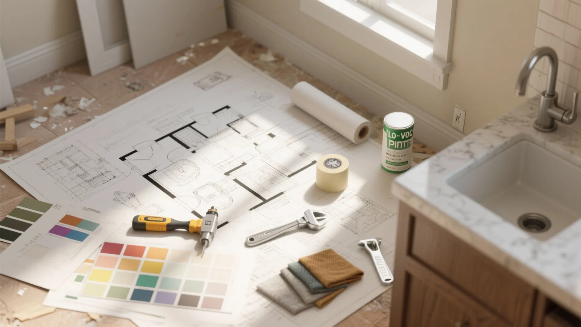 Floor plan layout with color swatches tools and paint can next to a bathroom sink