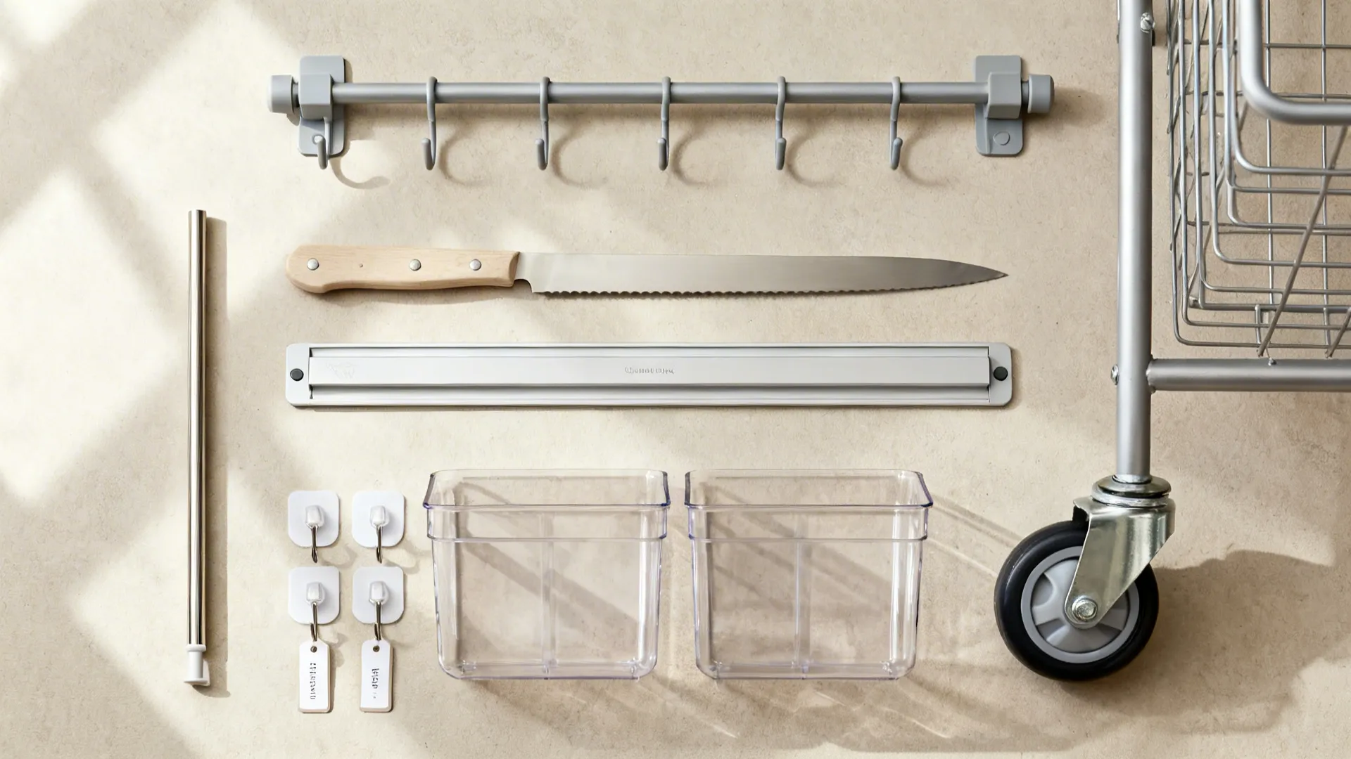 Flat lay of renter-friendly kitchen storage tools including a rail, magnetic strip, clear bins, and adhesive hooks.