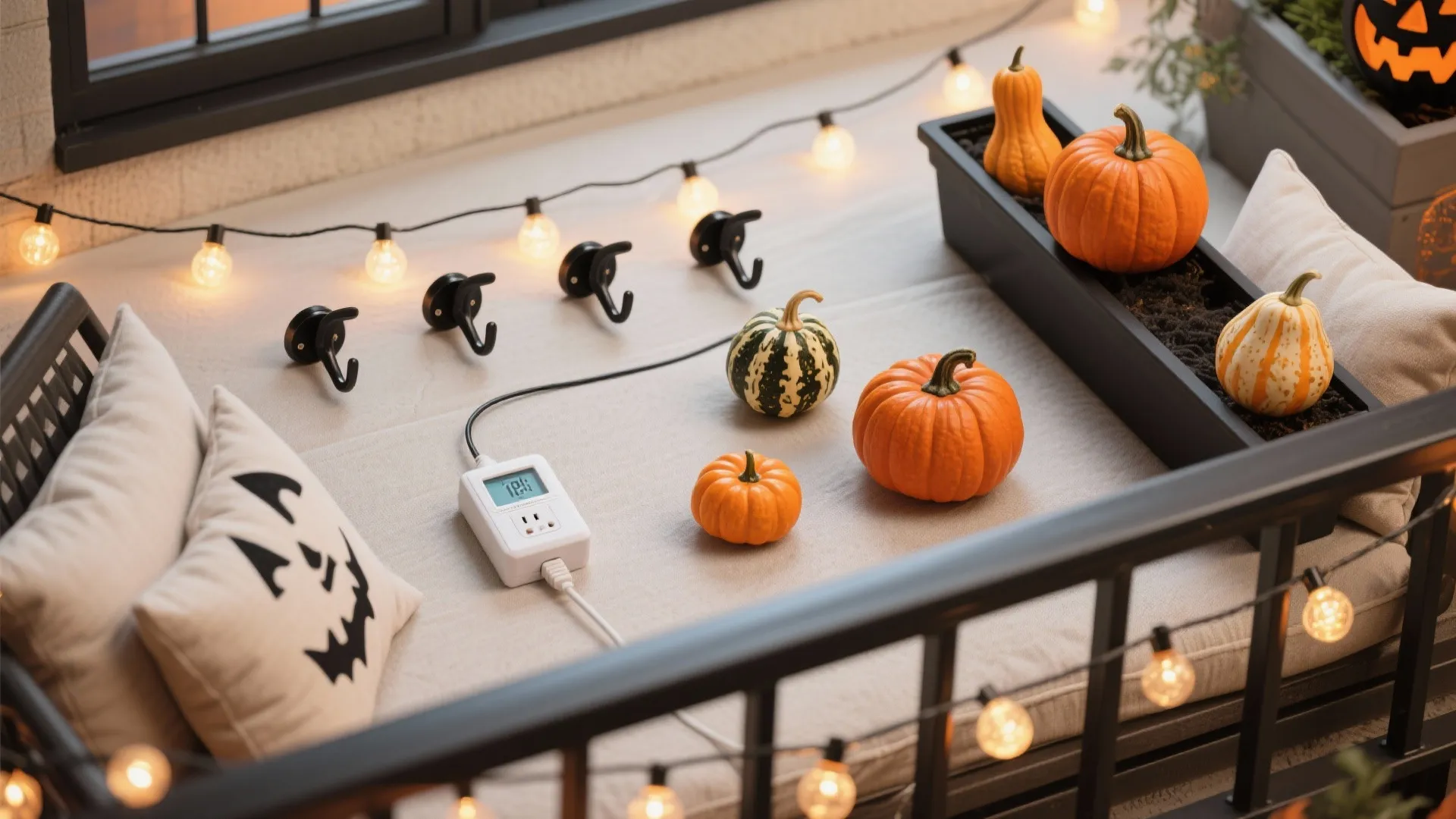Flat lay of renter-safe balcony items like LED lights, hooks, timer, and washable cushions.