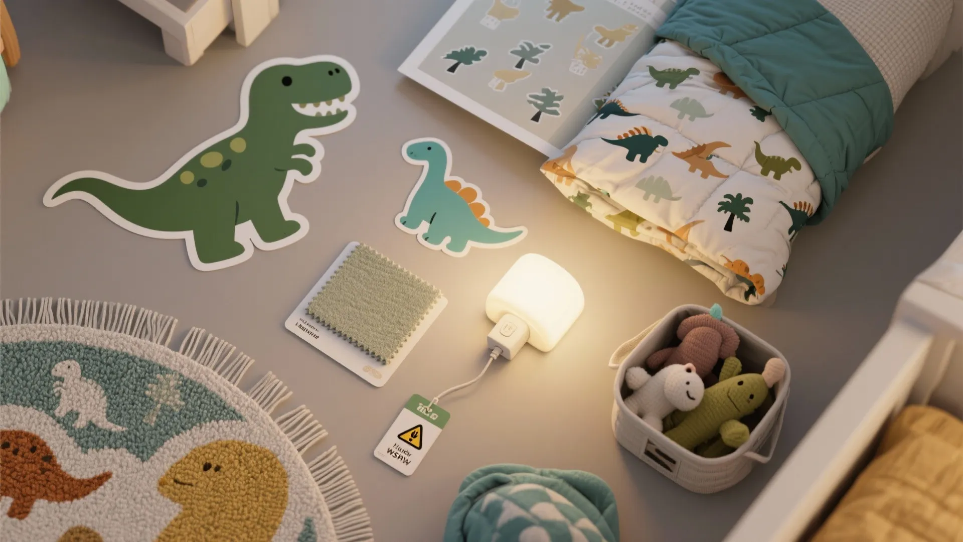 Close up view of dinosaur stickers small light fixture soft carpet and toys for kids room