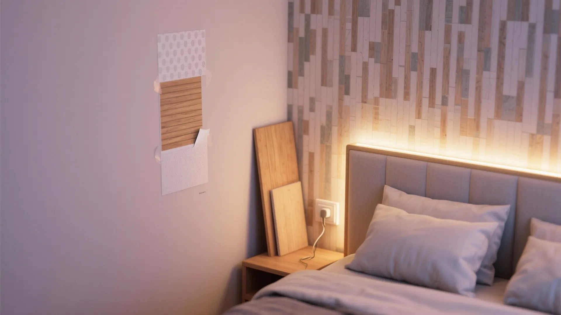 Bedroom wall showing wood material samples taped next to bed with a warm glowing light