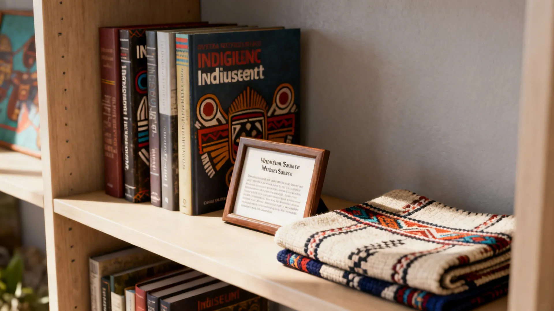 Wooden bookshelf holding various books a small framed picture and a folded patterned fabric rug