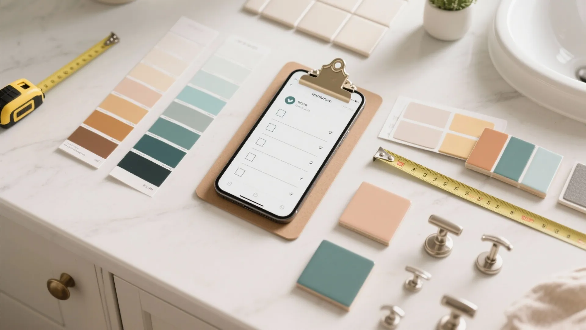 Top view of smartphone with checklist surrounded by color swatches and measuring tape on marble