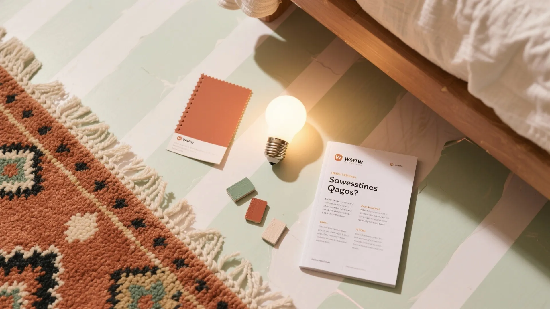 Interior design resources with glowing light bulb color swatches booklet and patterned rug on floor