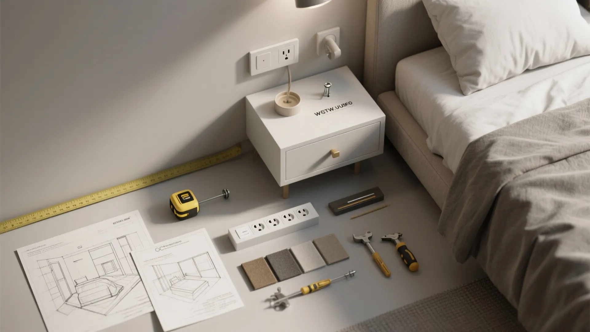Bedroom design drawing with measuring tape tools and power strip next to white bedside table