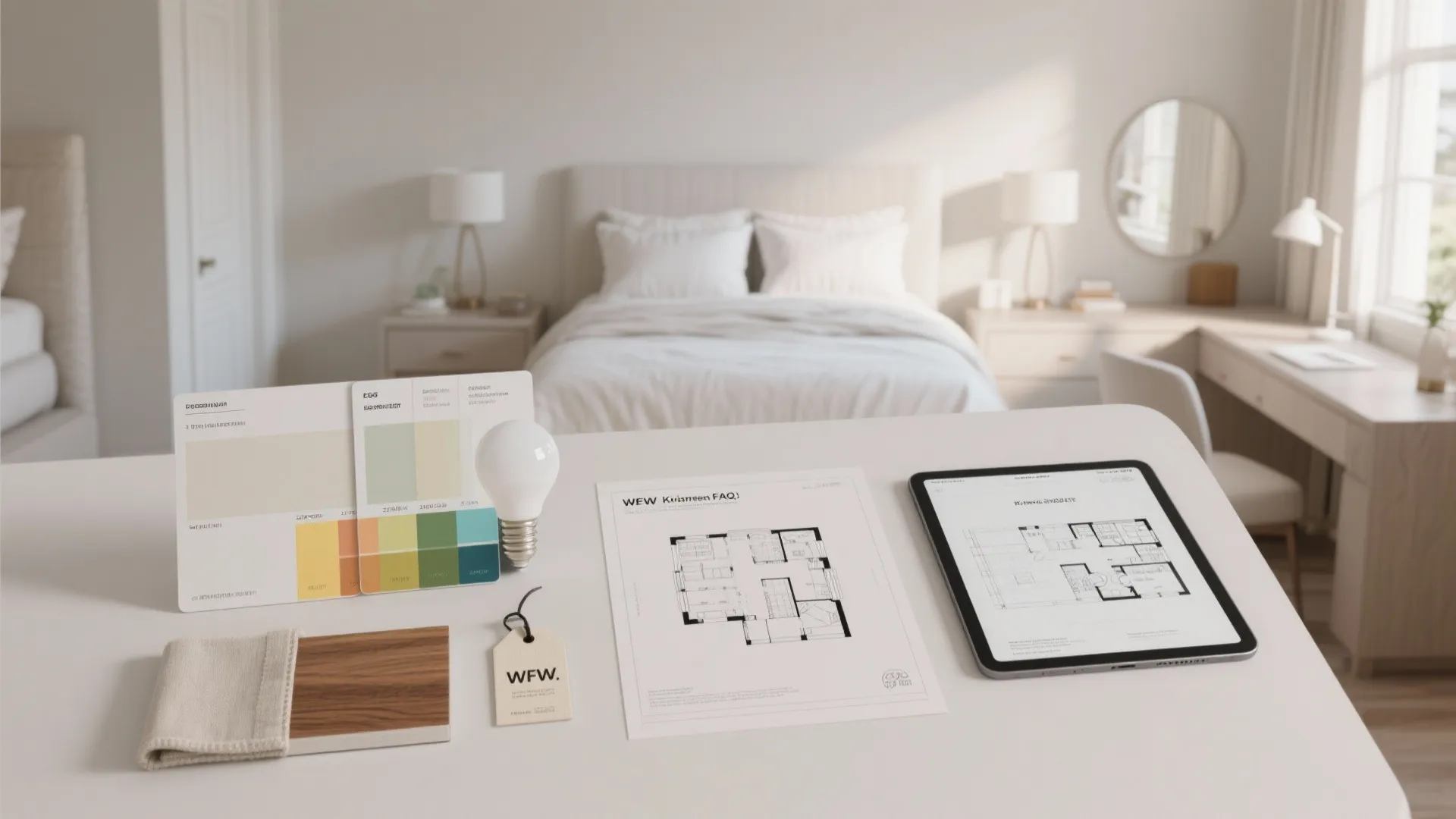 Design reference items: paint finish cards, light temperature swatches, hardwood sample and a tablet with a floor planner.