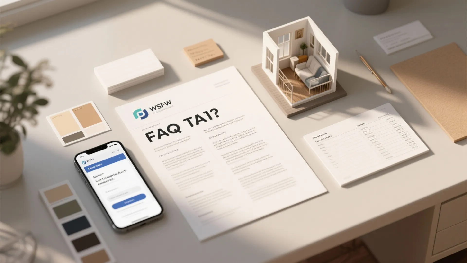 A desk with smartphone showing app, paper labeled FAQ, miniature room model, and color swatches