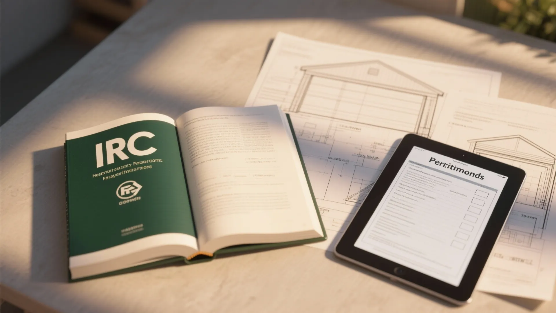 Desk scene with building code book, tablet checklist, and annotated garage diagrams for permits and standards.