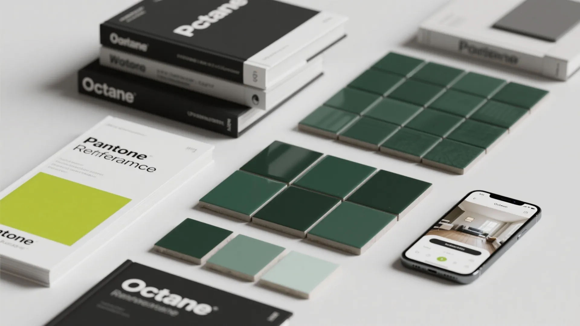 Green square floor tiles arranged on white table with color books and a mobile phone