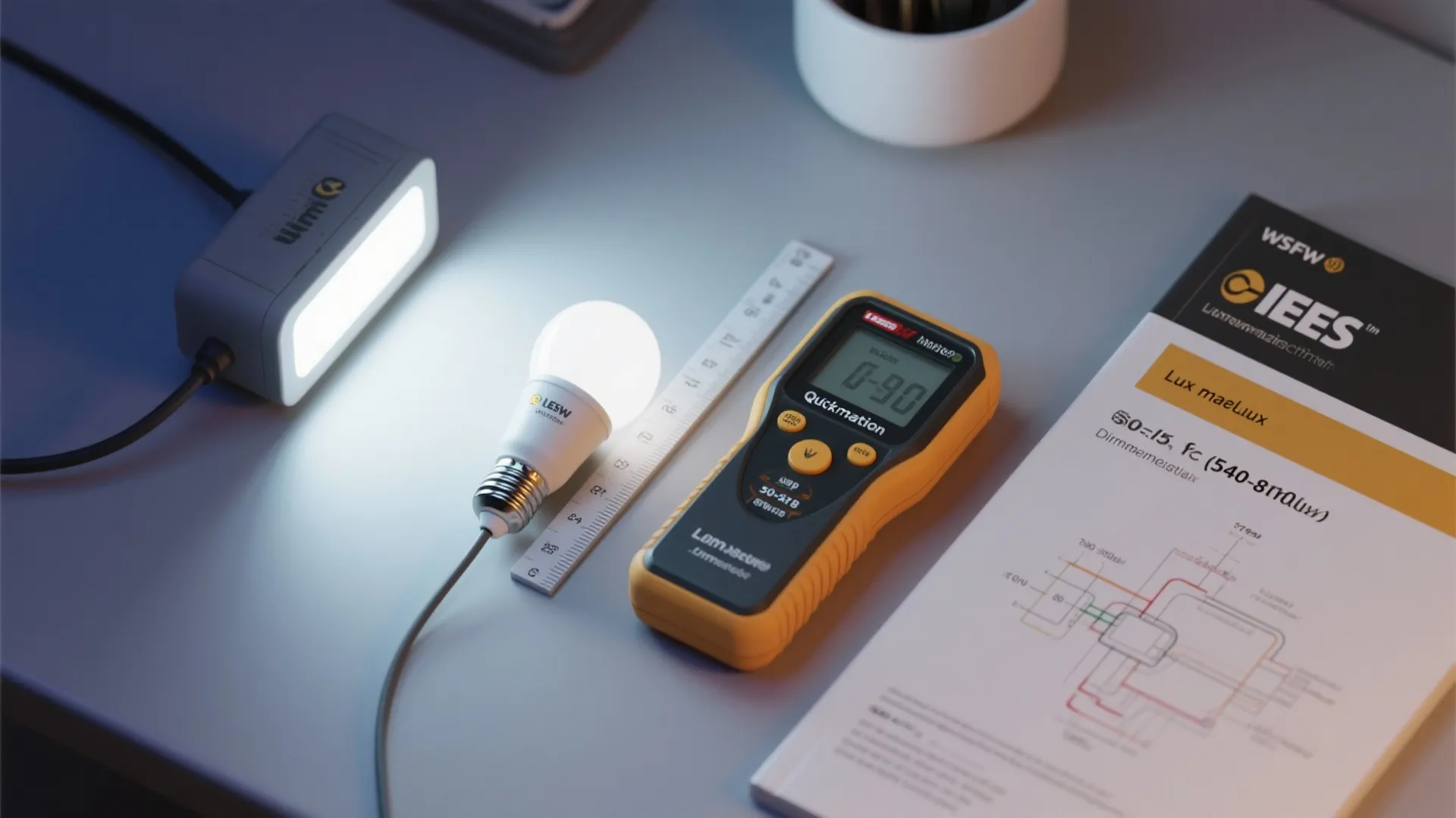 Handheld light meter with a light bulb and manual showing lighting measurement tools on a desk