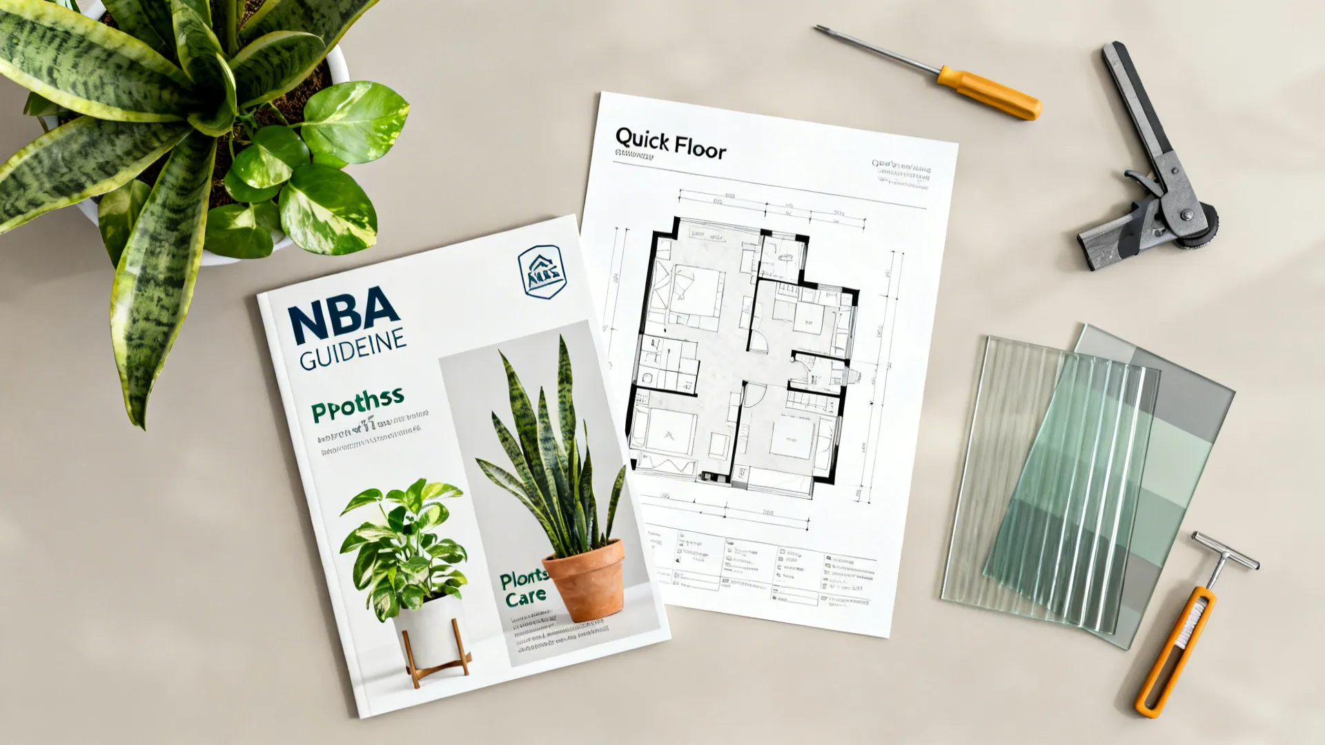 Printed interior design drawing and plant care guide book on desk with tools and glass