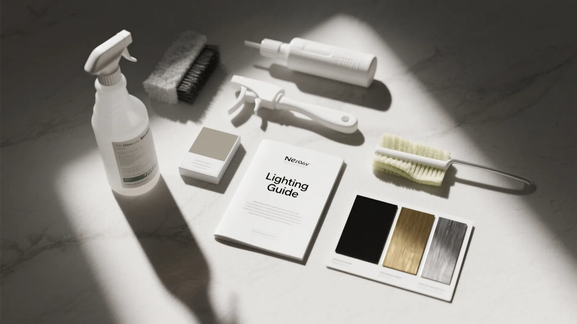 A lighting guide book surrounded by cleaning spray brushes and color material samples on a table