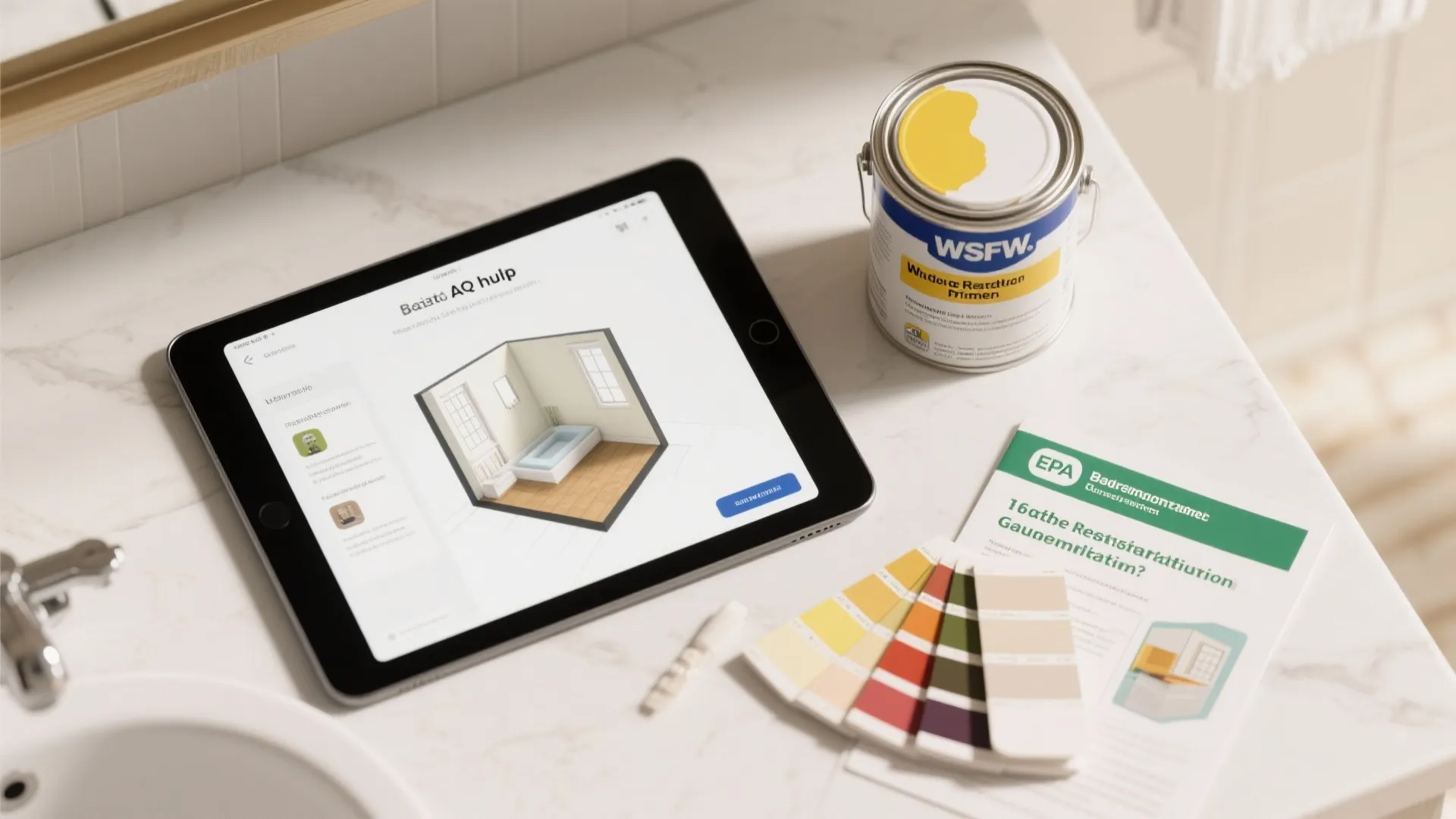 Digital tablet showing room layout next to yellow paint can color swatches and design papers