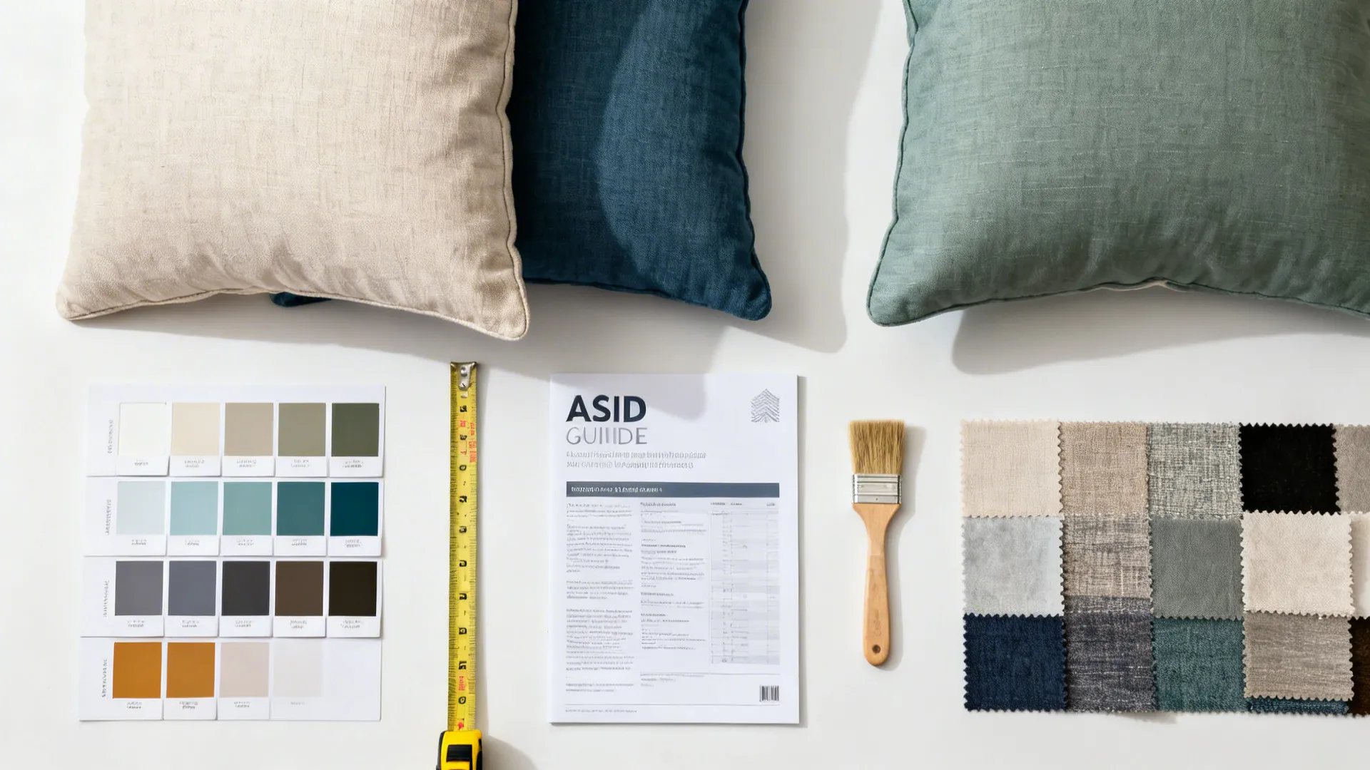 Flatlay of paint chips, fabric swatches, measuring tape and a guideline booklet for styling FAQs