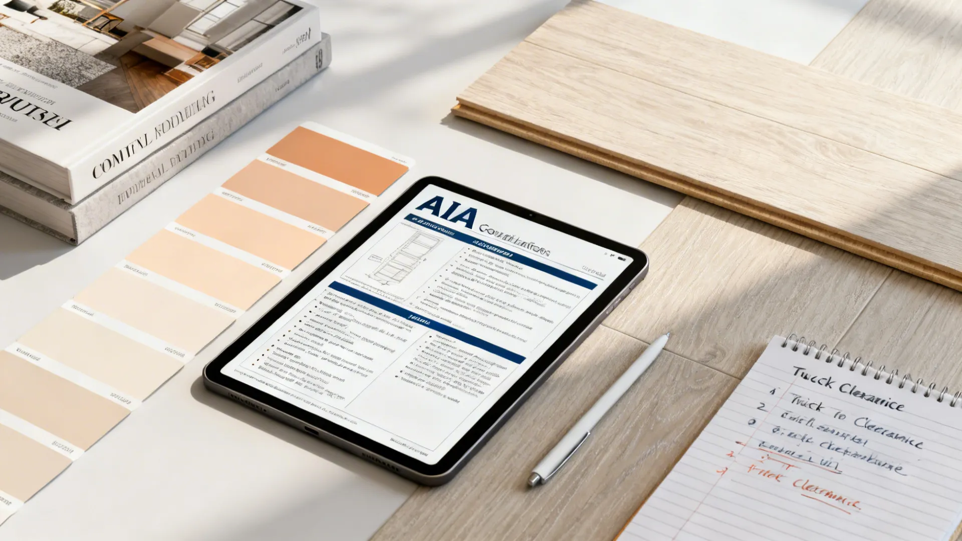Books, tablet with design guidelines, paint swatches and flooring sample for small-room planning