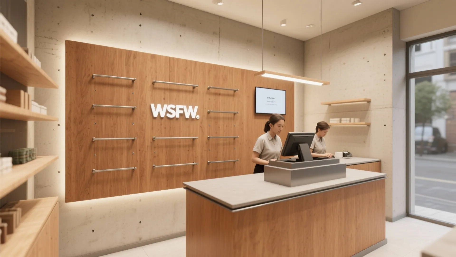 Modern retail store interior design with wooden back wall logo and cash register service counter
