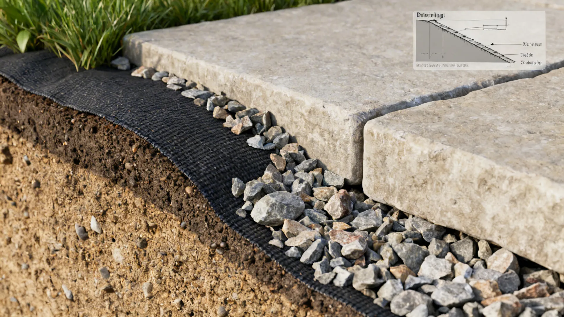 Close-up of layered rock bed with landscape fabric and compacted base illustrating drainage and installation details.