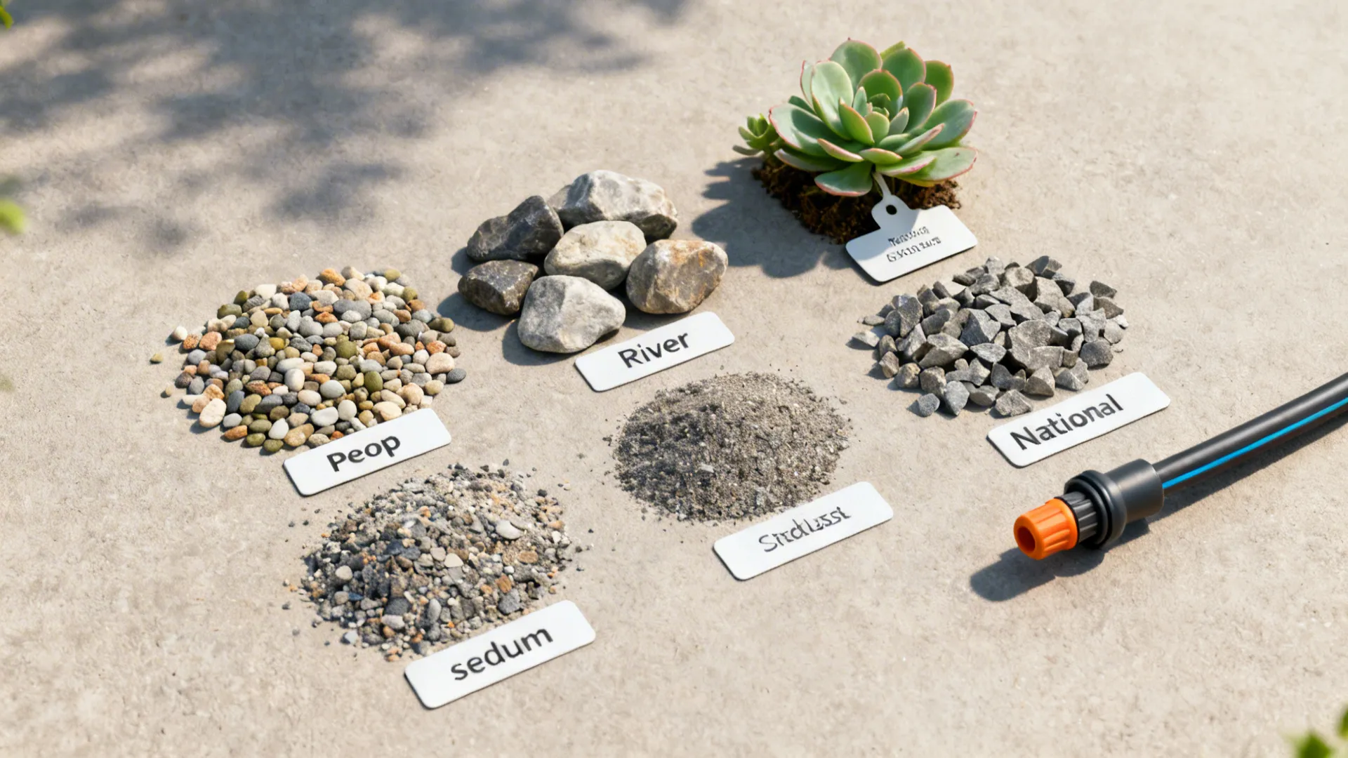 Samples of pea gravel, river rock, crushed granite and a native plant tag with dripline detail.