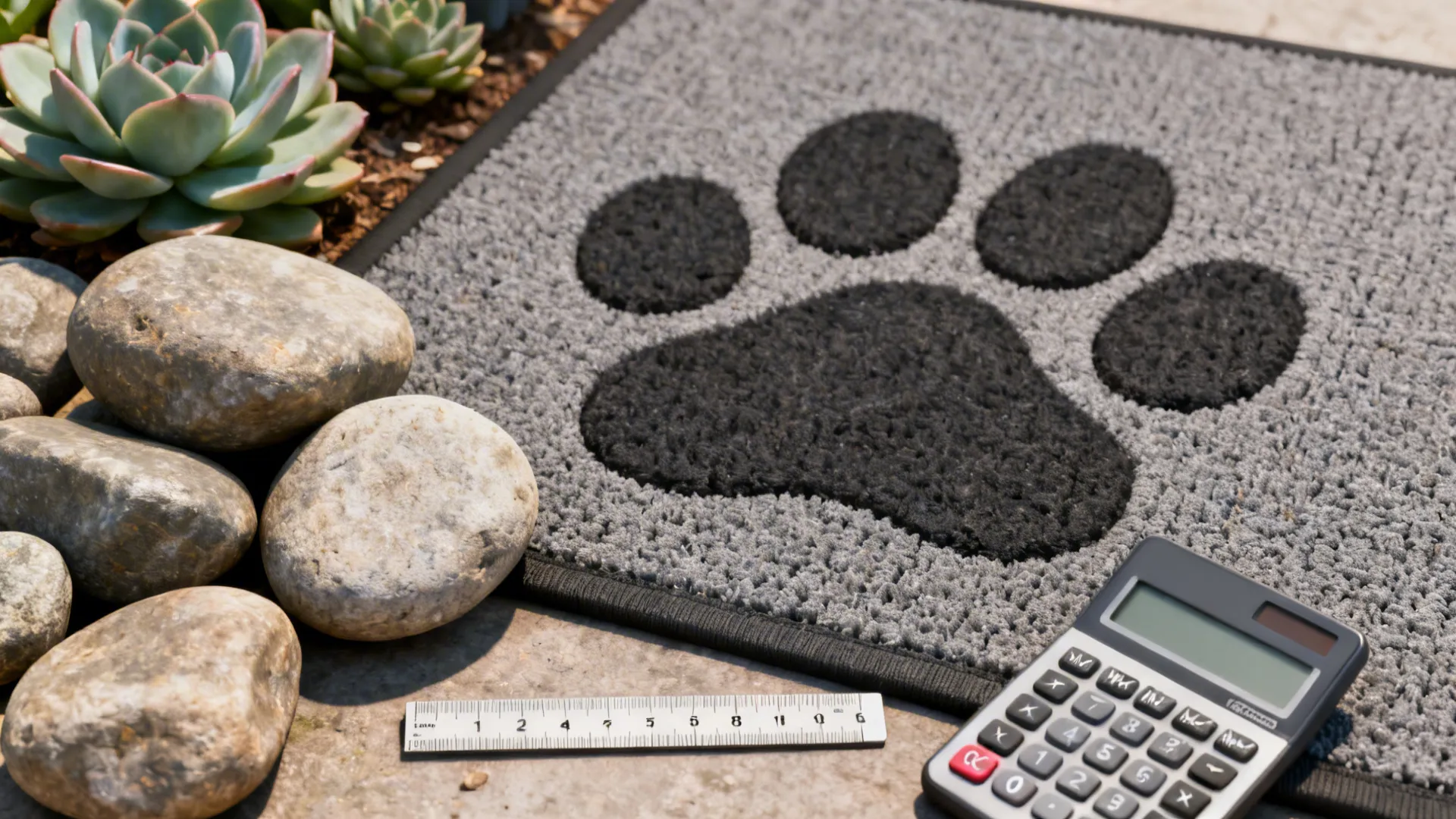 Rounded river rocks and measurement tools illustrating pet-friendly and quantity tips for rock landscaping.