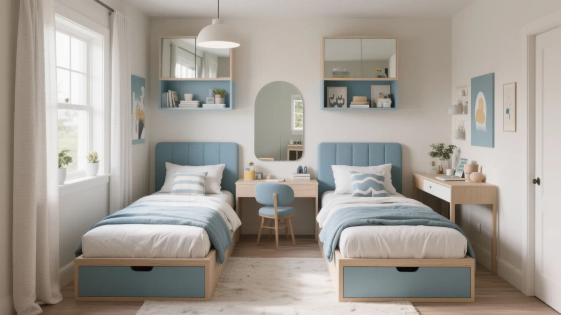 Staged small twin bedroom showing floating shelves, under-bed storage and a compact desk to illustrate FAQs