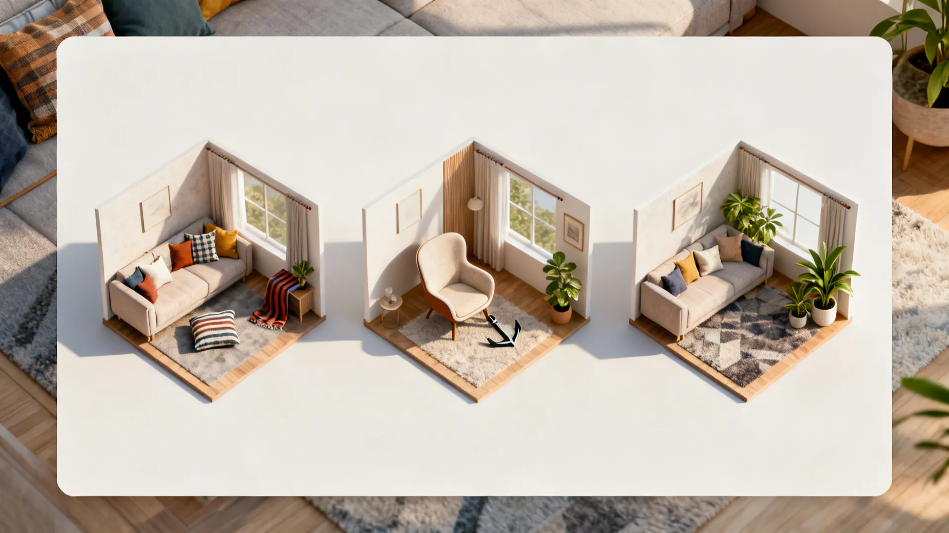 Top-down board showing three arrangement options for a small grey-and-pink living room