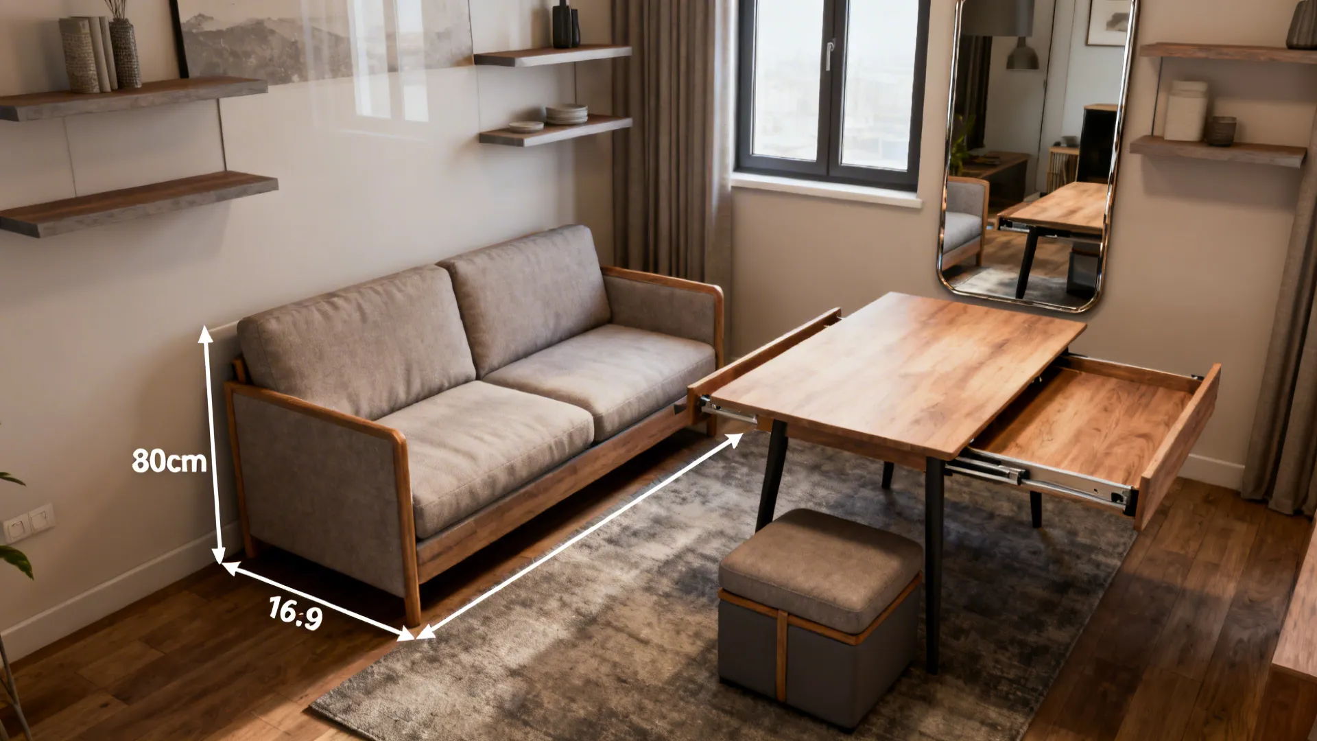 Details showing sofa depth, extendable table, mirror placement and floating shelves for small living rooms