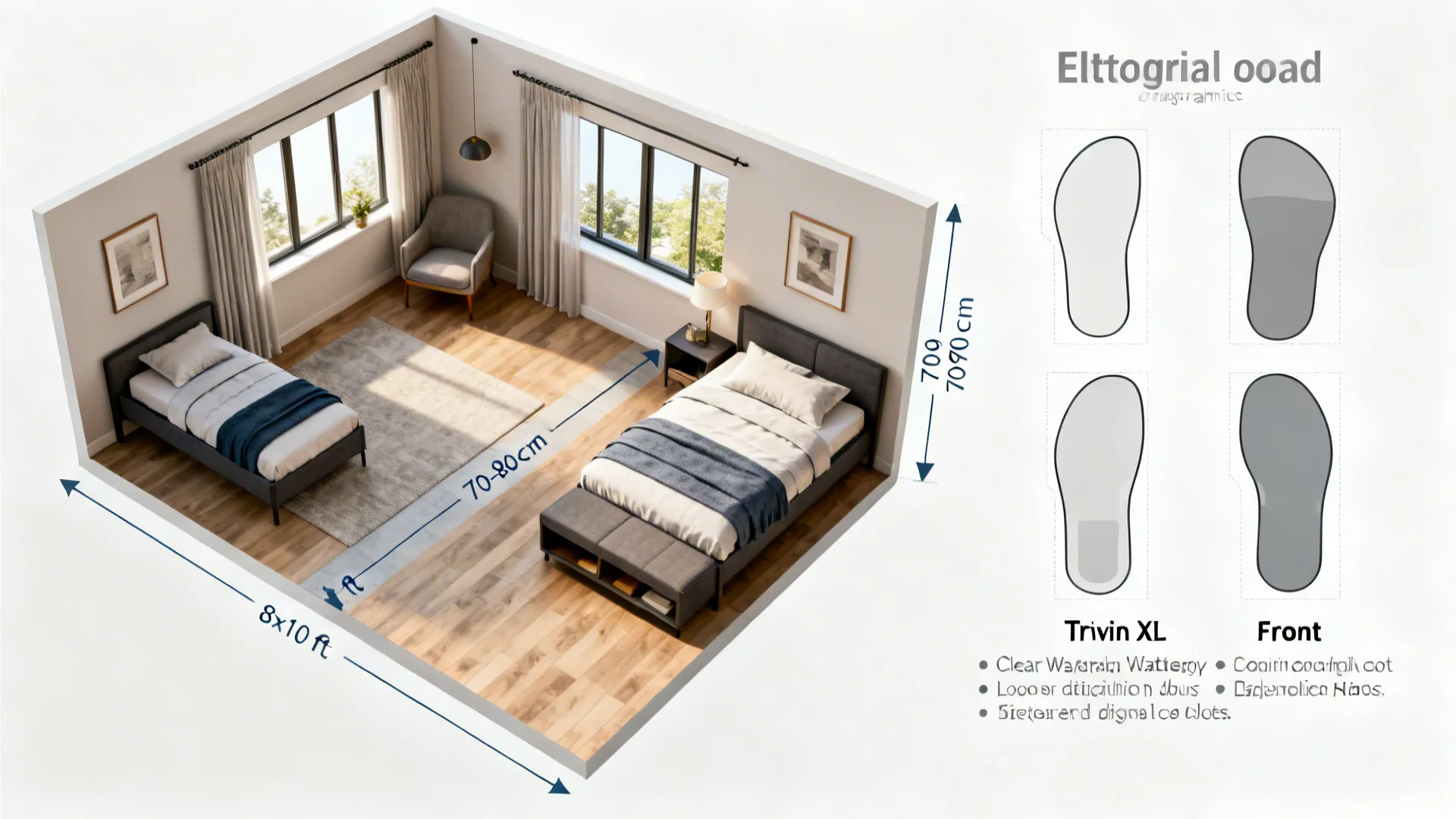 Top-down room plan illustrating minimum dimensions, walkway widths, and bed footprints for twin arrangements