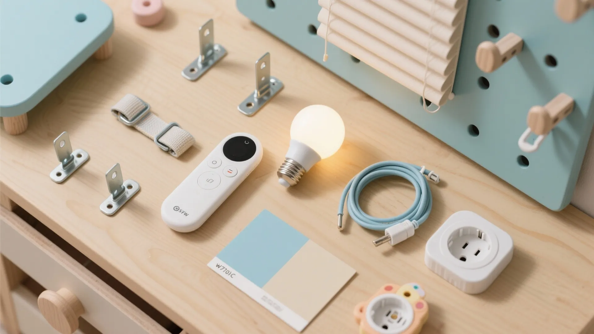 Flat lay of kid-safe room essentials: anchors, cordless shade, 2700K bulb, paint swatches, pegboard hooks, and cable clips.