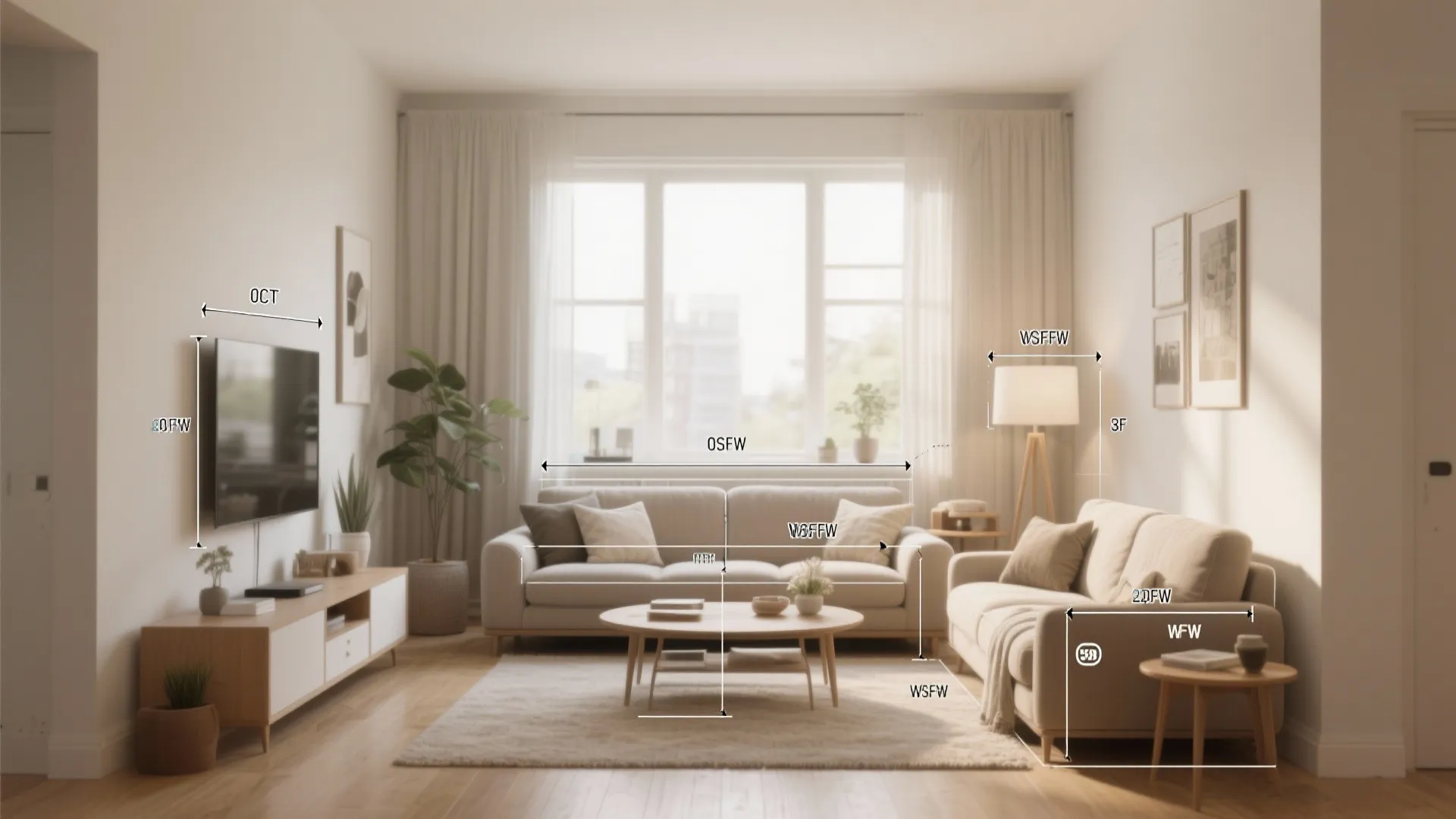 Staged small living room with overlays showing size recommendations and circulation paths.