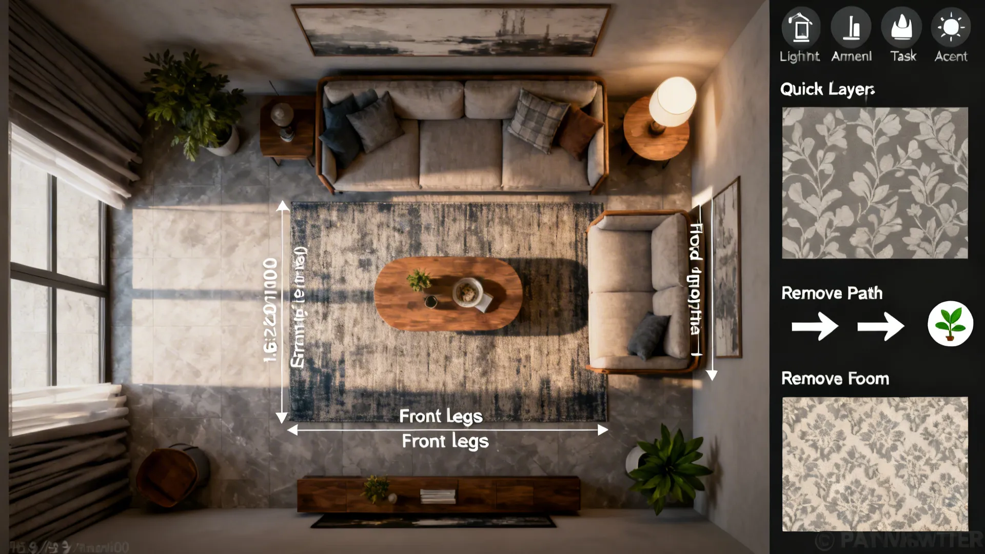 Top-down infographic showing rug sizing, layered lighting, floating furniture pathways, and removable wallpaper tips