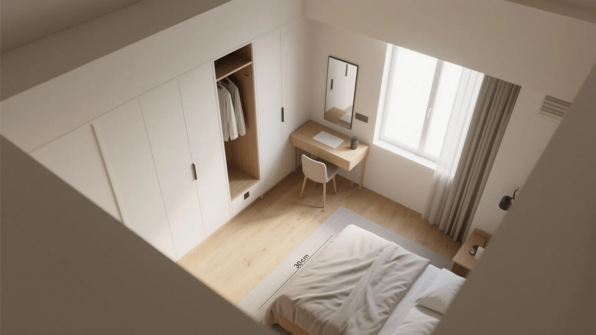 Top view of bedroom interior design drawing with white cabinet wooden desk and grey rug