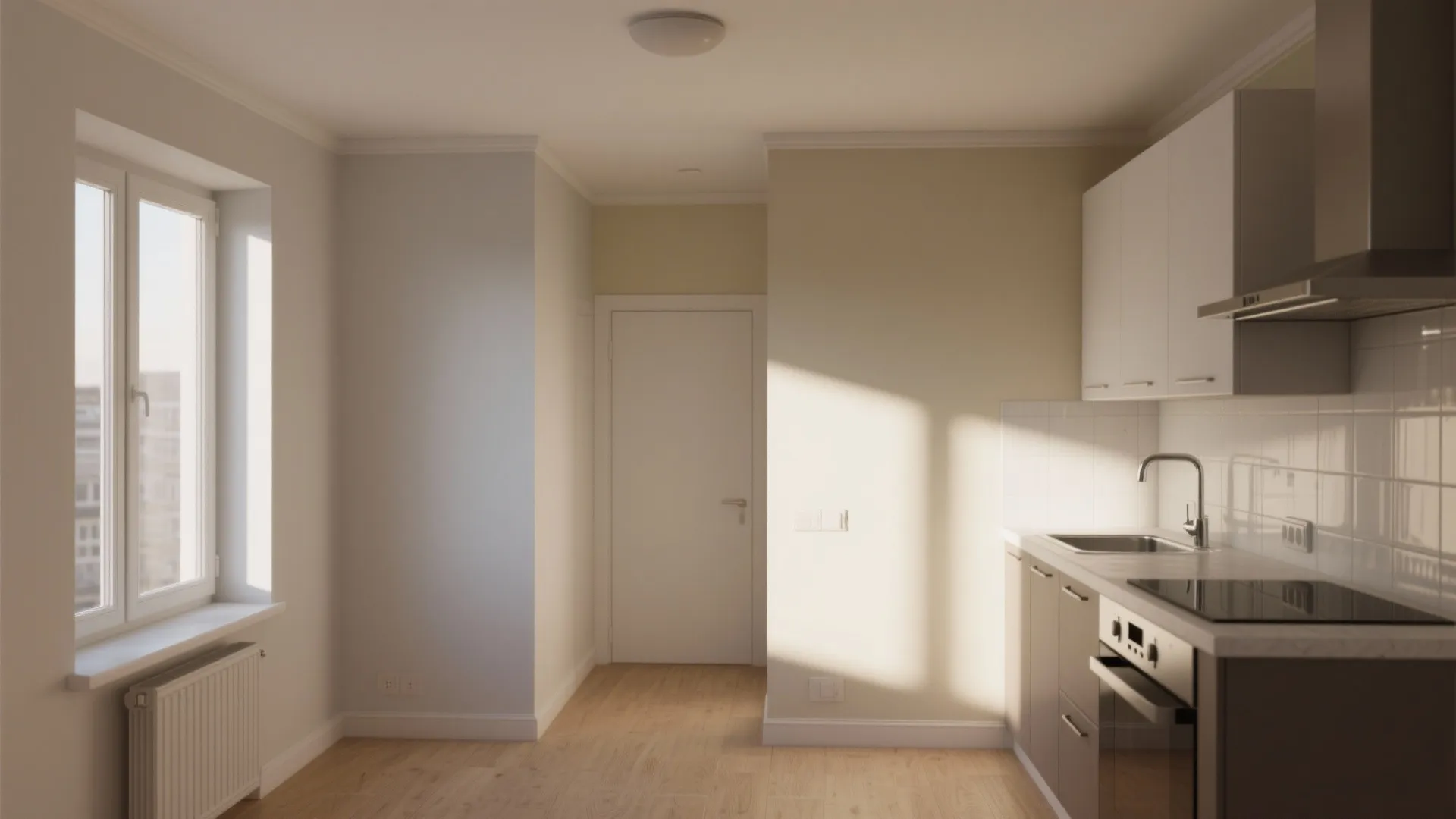 Small apartment interior showing ceiling, wall, trim and kitchen finishes to illustrate FAQ points about sheens and coverage.