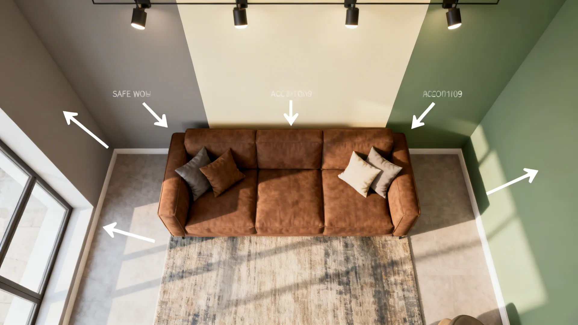Top-down visual planner mockup showing brown couch and recommended wall color options and accent placements