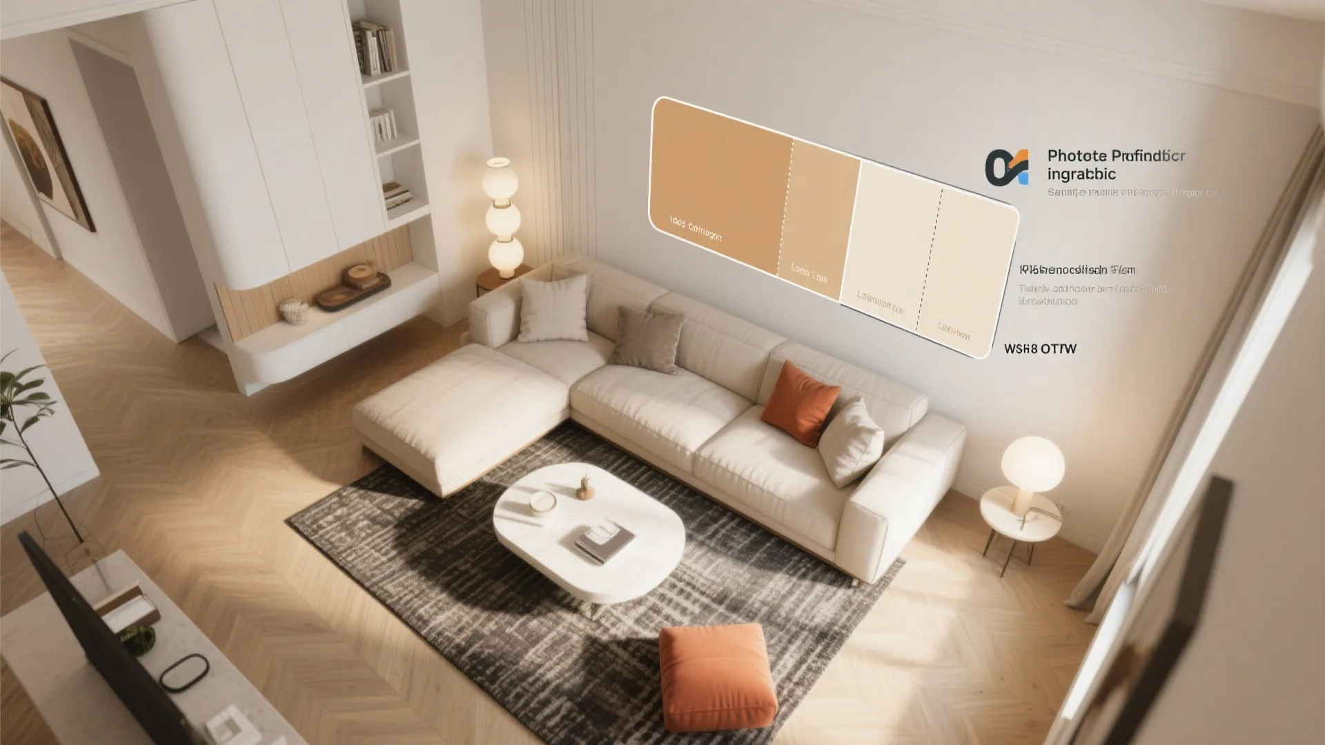 Top-down annotated layout showing best practices for a dark brown sofa: colors, rugs, and lighting.