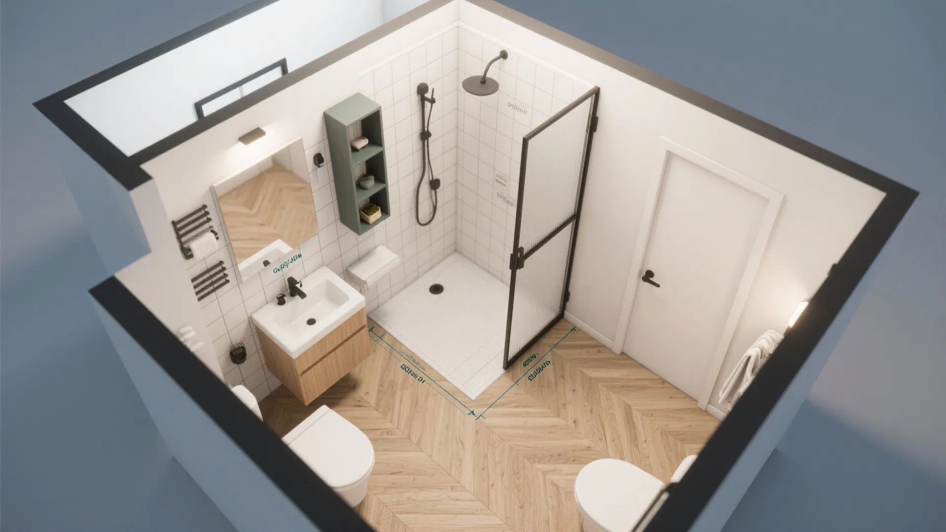 Top-down 3D mockup of a compact ADU bathroom showing fixture placement and clearances for planning.