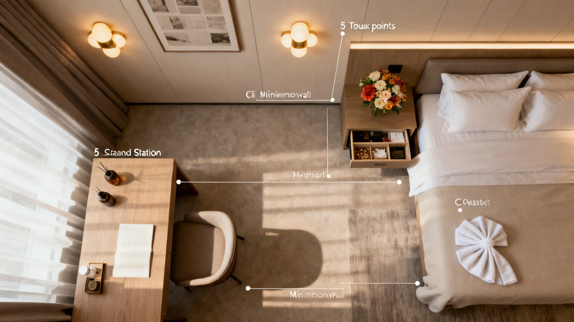 Top view of a bedroom interior design drawing showing room layout with bed desk and chair