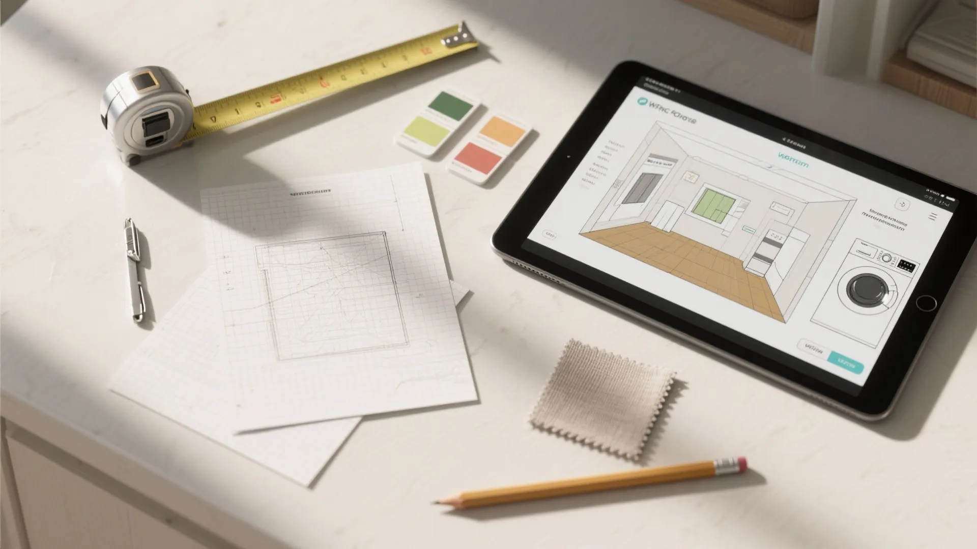 Tablet showing interior design drawing alongside measuring tape pencil and paper on a white desk