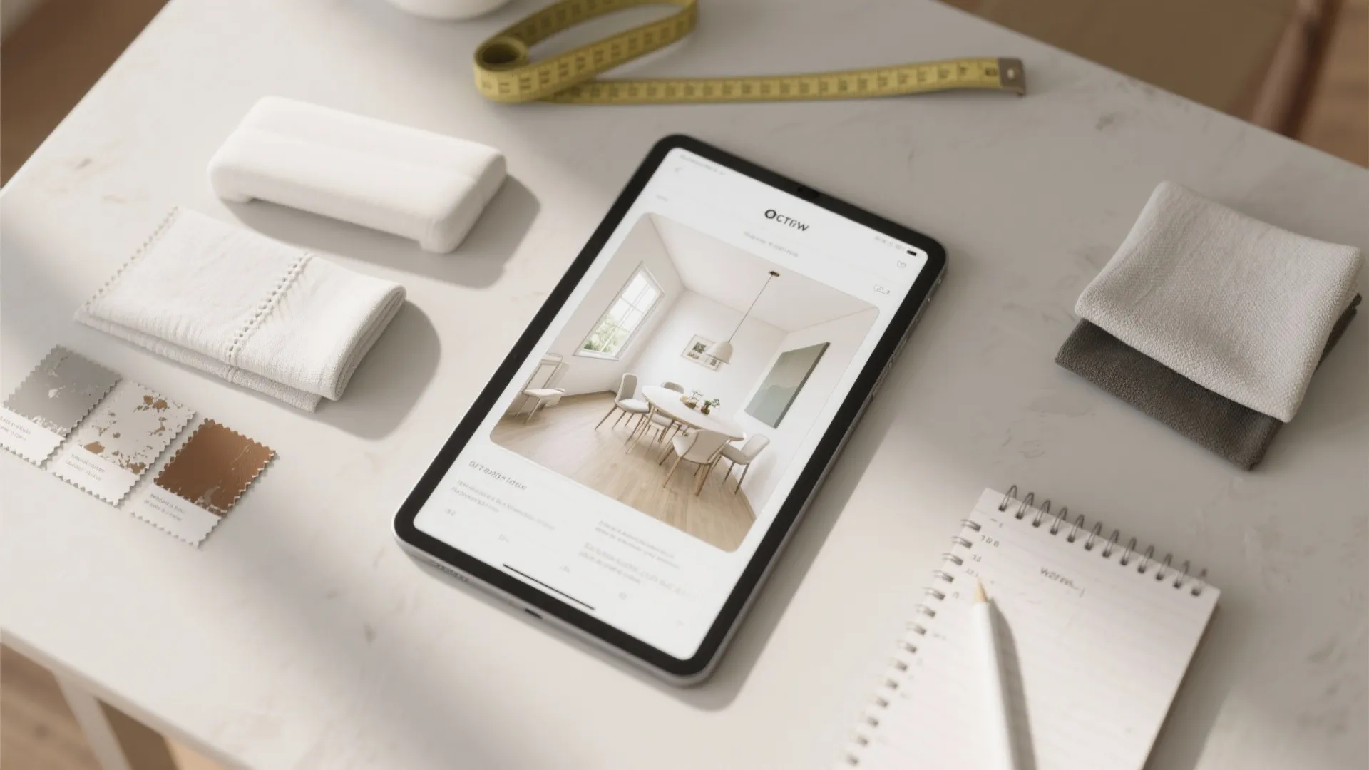 Tablet showing interior design drawing on white desk with fabric samples tape measure and notebook