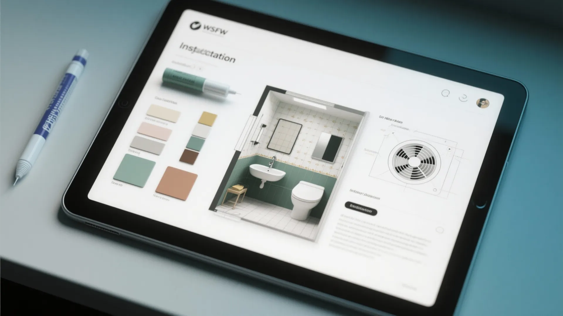 Digital tablet showing a bathroom design app with color palettes and a small room layout