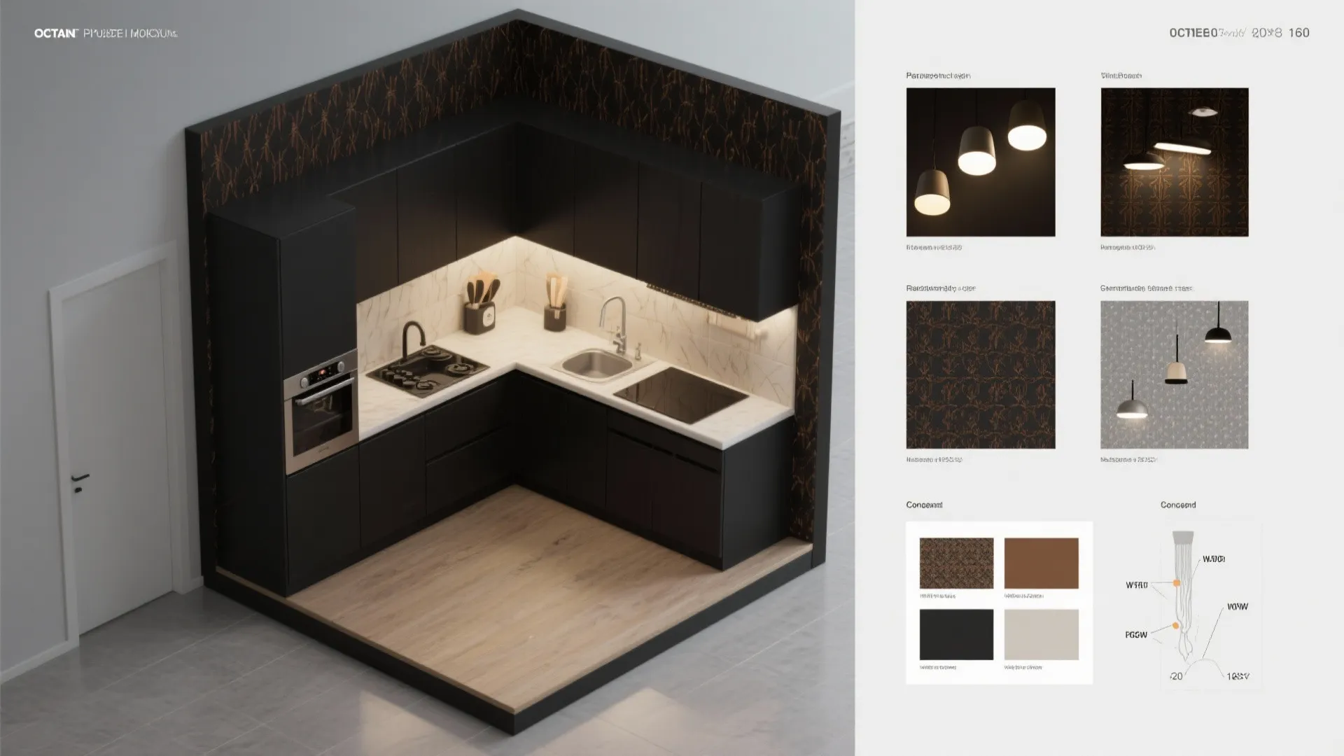 Modern black kitchen interior design drawing with wood floor and various material samples and lights