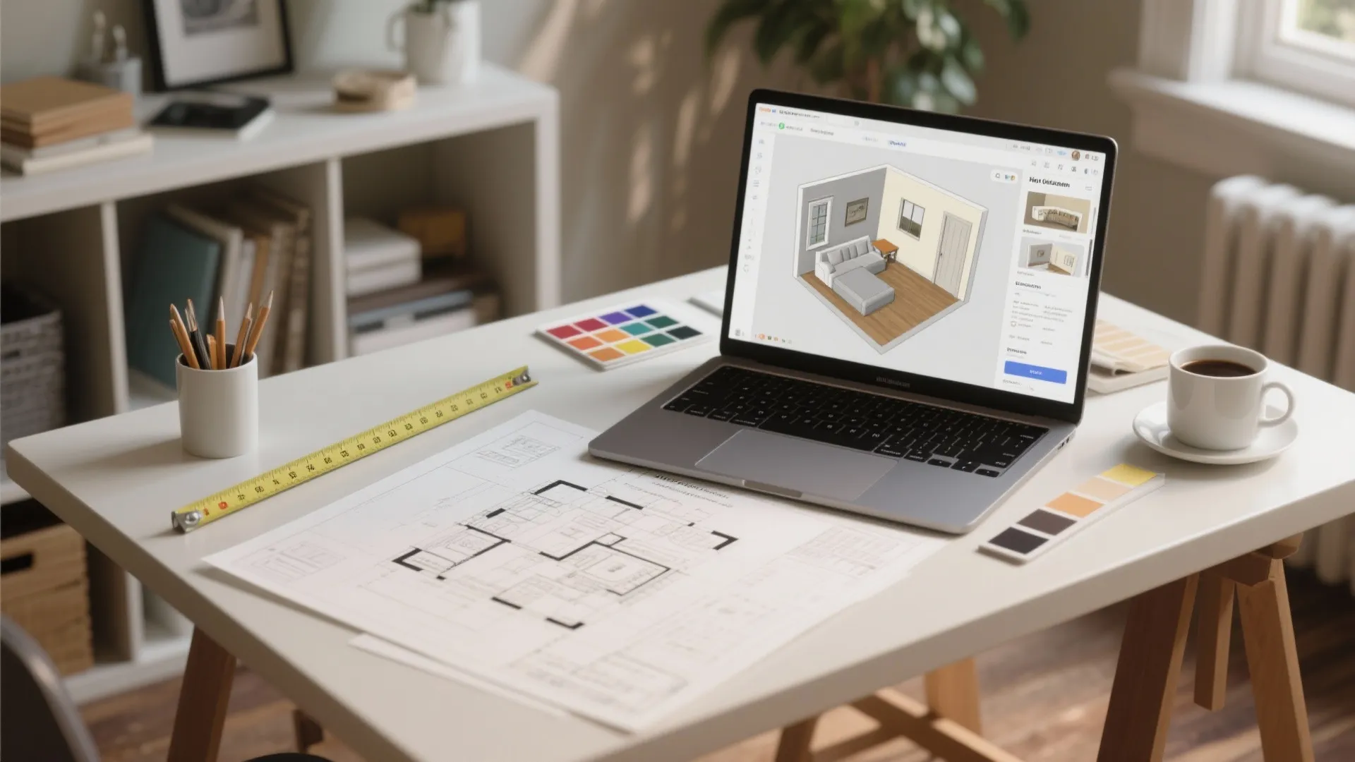 Tabletop scene with floor plan, room planner on laptop, swatches and measuring tape for planning a 3-bedroom suite.