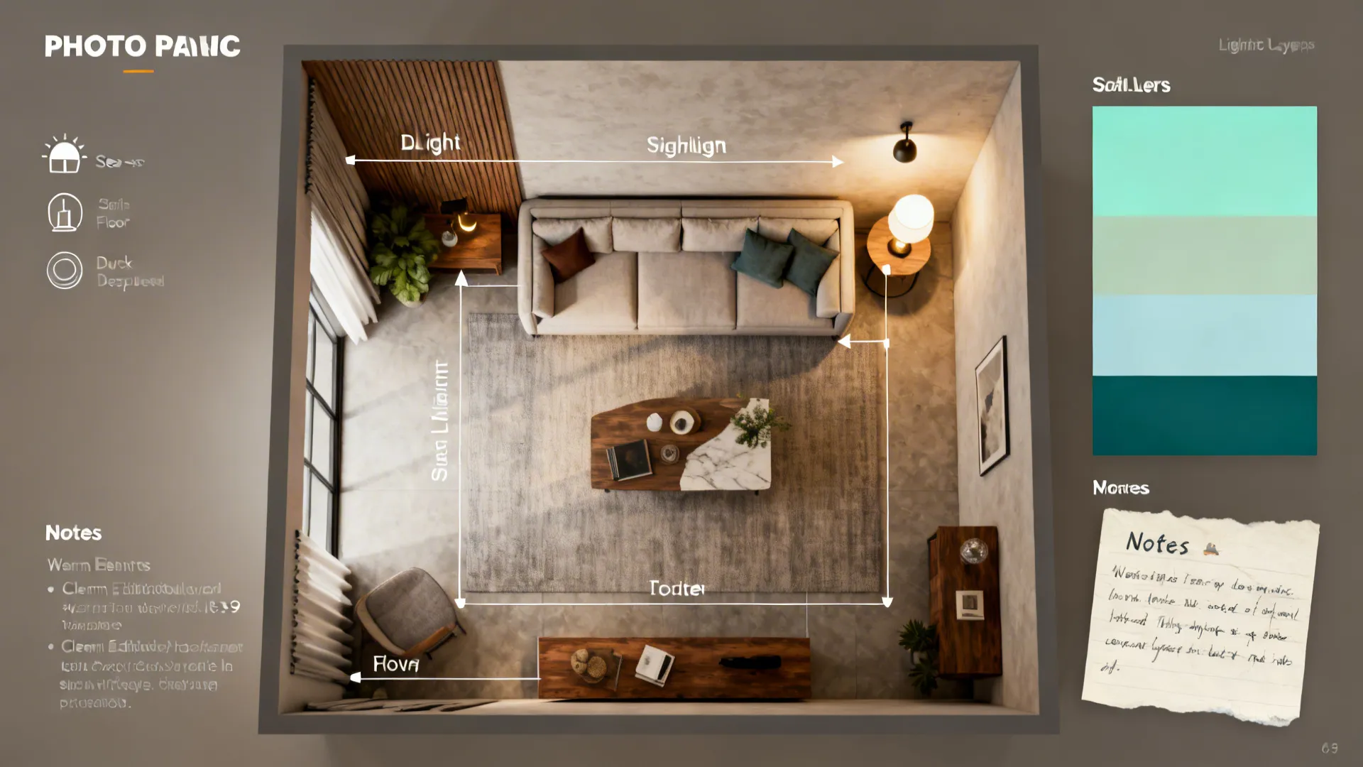 Top-down mockup of a small living room layout with color chips and lighting notes