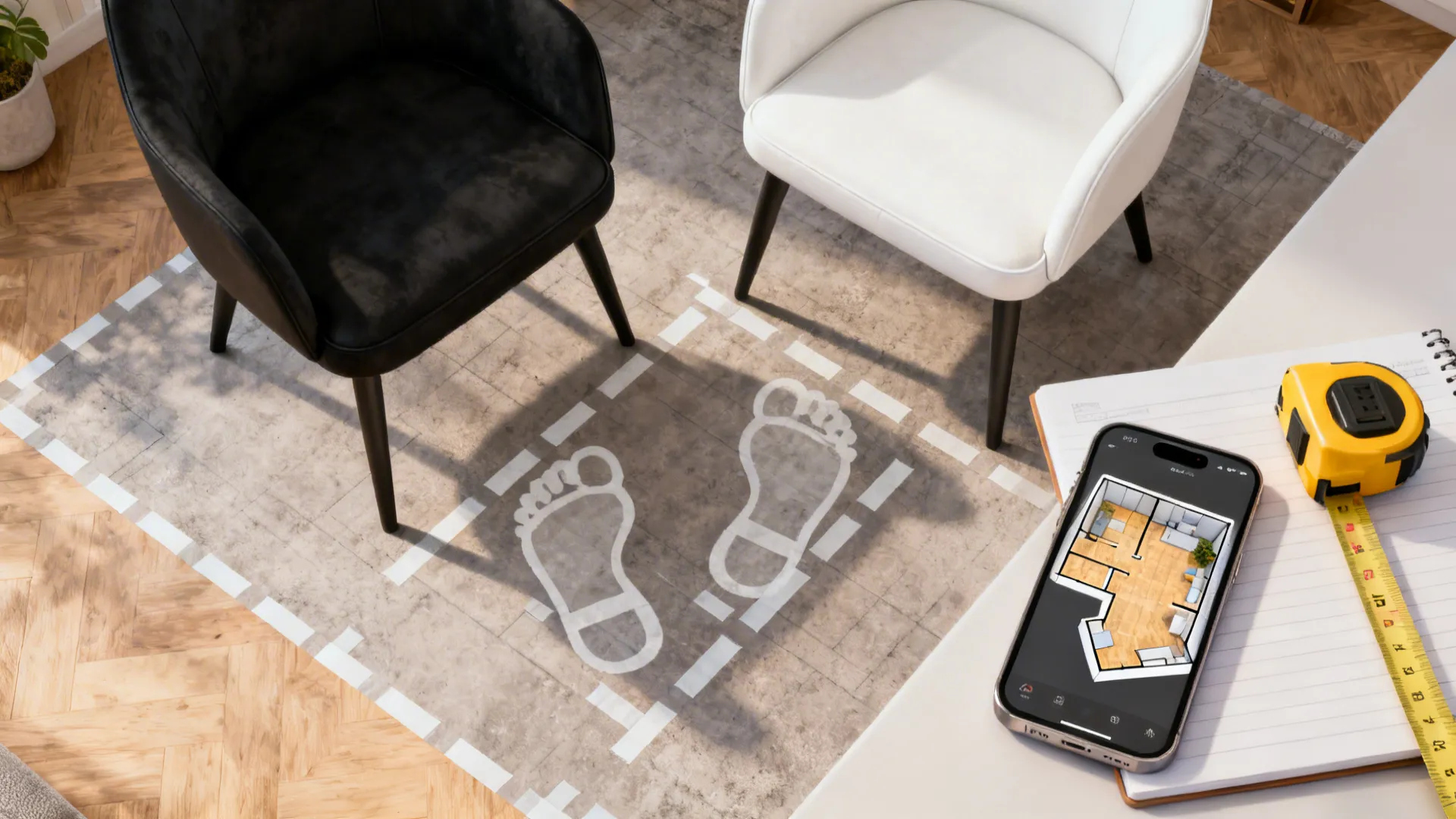 Top-down view of taped chair footprints and a phone showing a 3D room planner for testing layouts
