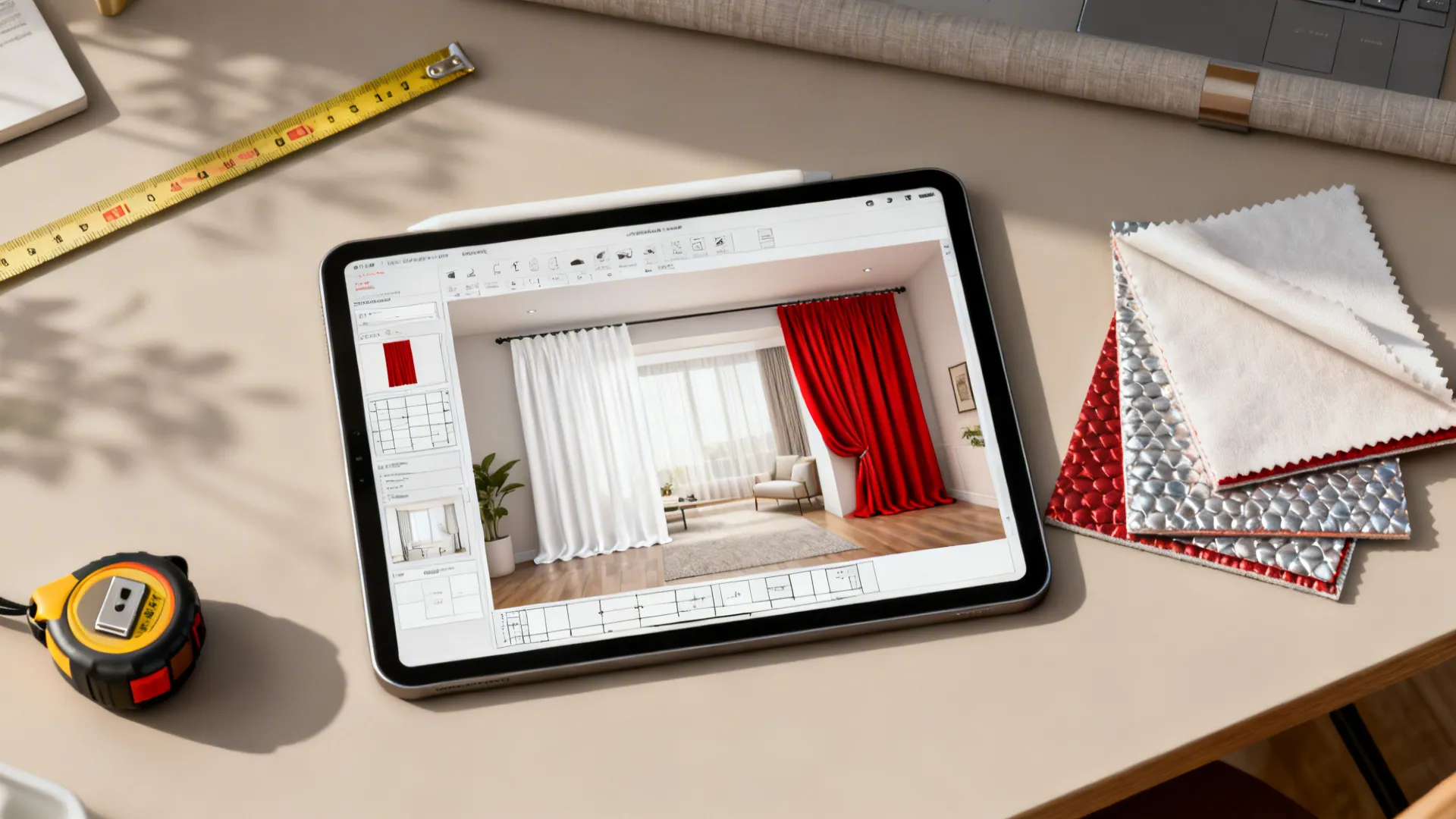 Top-down view of a room planner on a tablet with white and red curtain samples and measuring tools.